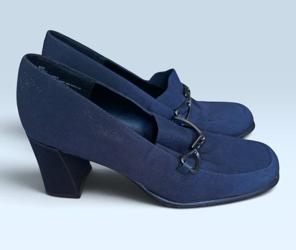 Jennifer Moore Blue Square Toe Loafer Mules Silver Bar Block Heel Size 8